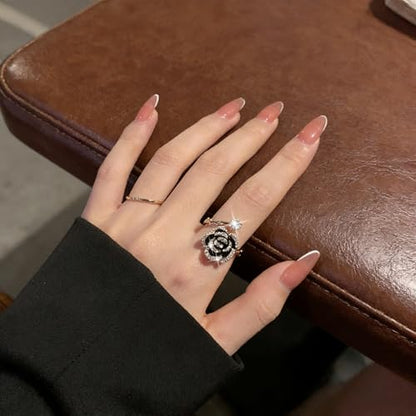Flower Open Statement Rings for Women, Exquisite Cubic Zirconia Sterling Silver Stacking Ring Adjustable Open Ring,Fashion Jewelry Gifts,Suitable For Women Daily and Wedding Wear, Gifts For Your Wife - color: Black