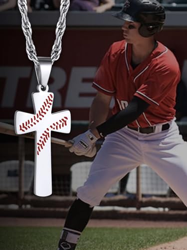 GOLDCHIC JEWELRY Sport Necklaces for Men Teen, Football Baseball Soccer Basketball Softball Necklaces with Stainless Steel Chain Athlete Jewelry Sports Fan Gift - color: Baseball Pattern Cross-Steel, style: NO Engraving