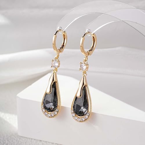 Trendy Austrian Crystal Teardrop Drop Huggie Dangle Earrings for Women 14k Rose Gold Plated Hypoallergenic Jewelry Gifts - color: Black