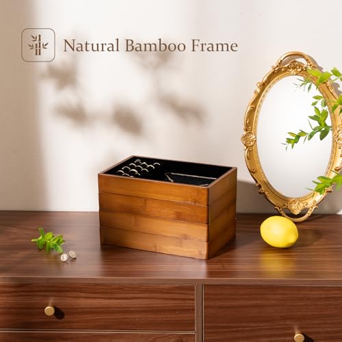 ProCase 4-Set Bamboo Stackable Jewelry Organizer Tray, Jewelry Drawer Inserts Container Display Case Storage for Earring Necklace Rings Bracelet with Removable Dividers -Black