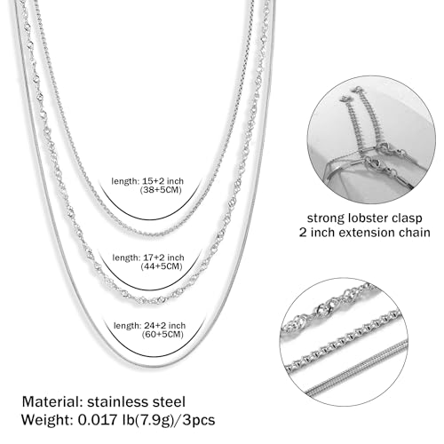 CONRAN KREMIX Waterproof Gold Necklace Layered Necklaces for Women Non Tarnish,14k Gold Plated Stainless Steel Dainty Stack Thin Chain Necklace Set for Women Gifts Jewelry - color: Silver-05