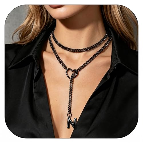 Black Heart Slip Chain Initial Necklaces for Women, Stainless Steel Wrap Choker Necklace, Gothic O-Ring Adjustable Lariat Y Necklaces, Punk Cuban Collar Choker Necklace, Halloween Jewelry Gift - color: Black N