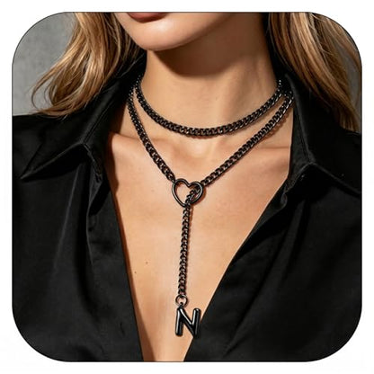 Black Heart Slip Chain Initial Necklaces for Women, Stainless Steel Wrap Choker Necklace, Gothic O-Ring Adjustable Lariat Y Necklaces, Punk Cuban Collar Choker Necklace, Halloween Jewelry Gift - color: Black N
