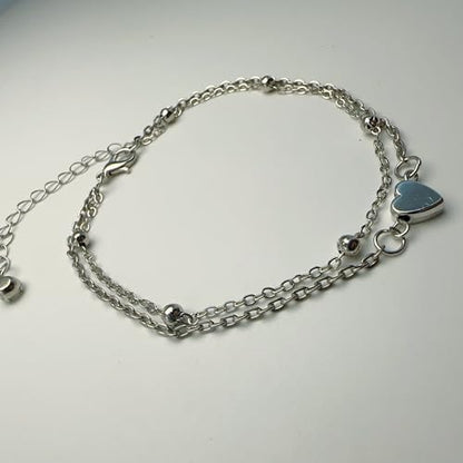 Anklet for Women Layered Anklets Women Double Heart Silver Bohemian Pearls Flat Chain Ankle Bracelet Charm Beaded Dainty Foot Jewelry Heart Charm Dainty Layer Anklets Trendy - color: Double Heart