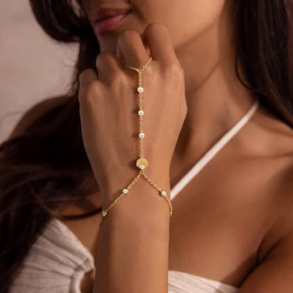 Mothers Day Gifts 14K Gold Plated Hand Chain Bracelet for Women, Stackable Gold/Silver Finger Ring Bracelet Hand Chain Dainty Non Tarnish Waterproof CZ Satellite Bead Link Adjustable Jewelry - color: Gold-Style 7