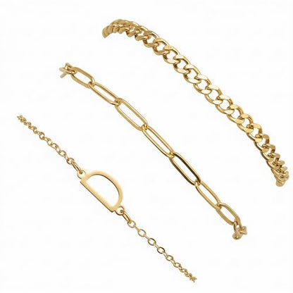 3PCS Gold Bracelet Set for Women, 14K Gold Plated Initial Letter Jewelry, Layered Paperclip and Cuban Chain Stack, Adjustable Stainless Steel Gift - style: Initial-D