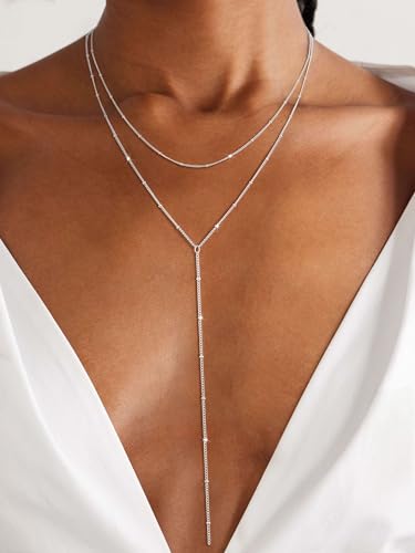 Lariat Gold Necklace for Women, Dainty Long Necklaces 14k Gold Plated Y-Shaped Layered Drop Necklaces for Women Trendy Simple Gold Jewelry for Prom Vacation Gifts - color: Layered Satellite Chain-Silver