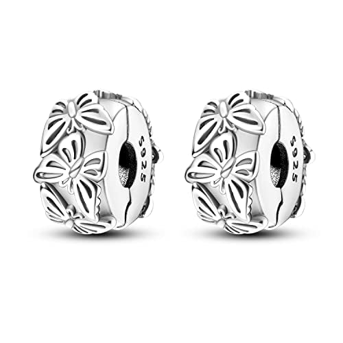 Parmuz Clip Spacer Charm for Bracelet 925 Sterling Silver Stopper Beads | Pave Lock Stopper Charm for Necklace Pink Daisy Butterfly Cubic Zirconia Openable Beads Jewelry Gift for Woman - color: 2pcs Butterfly clip charm