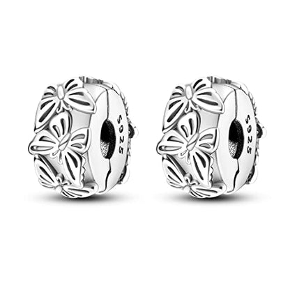 Parmuz Clip Spacer Charm for Bracelet 925 Sterling Silver Stopper Beads | Pave Lock Stopper Charm for Necklace Pink Daisy Butterfly Cubic Zirconia Openable Beads Jewelry Gift for Woman - color: 2pcs Butterfly clip charm