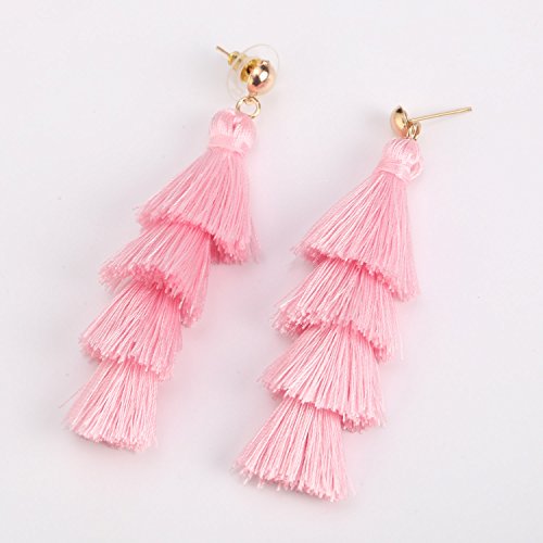 BaubleStar Bohemian Layered Tassel Drop Earrings for Women | Lightweight Statement Party Festival Jewelry - color: Pink