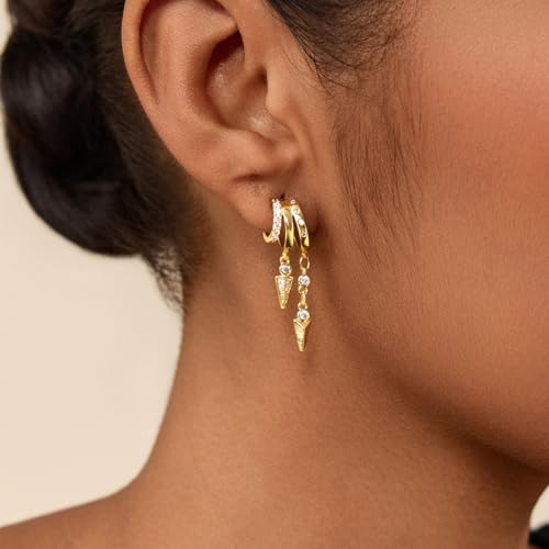 Cicy Bell Gold Earrings For Women 18k Gold Plated Triple Dangle Earrings | Hypoallergenic Drop Huggie Earrings Small Hoop Statement Chain Tassel Earrings Trendy Jewelry Gifts - color: Style D-Gold