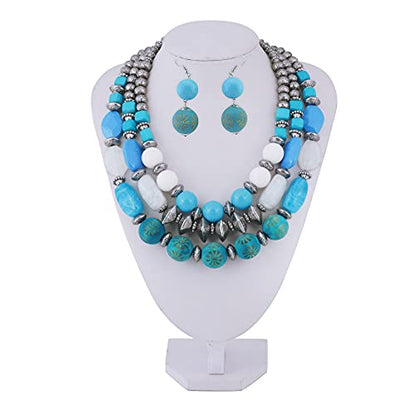 Bocar 3 Layer Chunky Statement Beaded Necklace and Earrings Set, Fashion Multi Layer Women Collar Necklace Jewelry Set - color: Cyan Blue