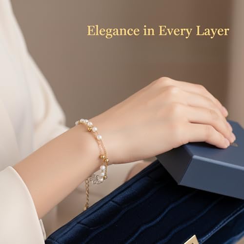 Solza 2 Layer Gold Plated Bracelet – Stainless Steel Adjustable Layered Chain with 3mm Beads, 18K Gold Plated Non Tarnish Jewelry for Women, Elegant Beaded Bracelet Stack for Everyday Wear - style: Pearl Gold