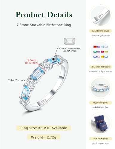 3.5mm Half Eternity Band Sterling Silver Rings for Women Sapphire/Ruby/Emerald and Cz Wedding Bands 7 Stone Stackable Birthstone Ring Anniversary Jewelry Size 6-10 - color: 03-Aquamarine-Mar.