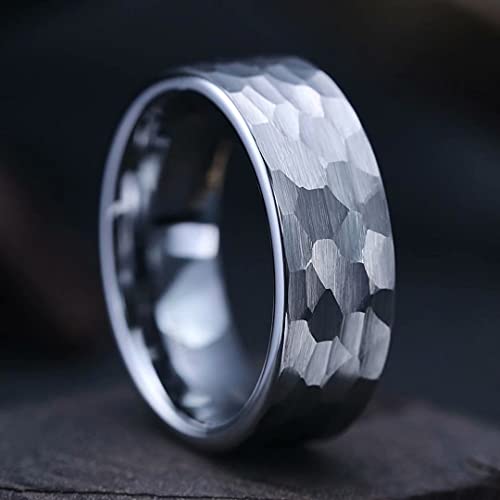 King Will Hammered 8mm Silver Tungsten Ring Hammer Men Wedding Band Comfort Fit - color: A-silver