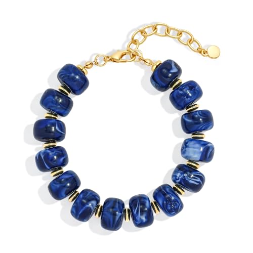 WOWORAMA Colorful Beaded Bracelets for Women Multicolor Acrylic Resin Beads Bracelet with Heart Charm Boho Statement Chunky Bracelet Summer Holiday Jewelry - color: Bead-Navy Blue