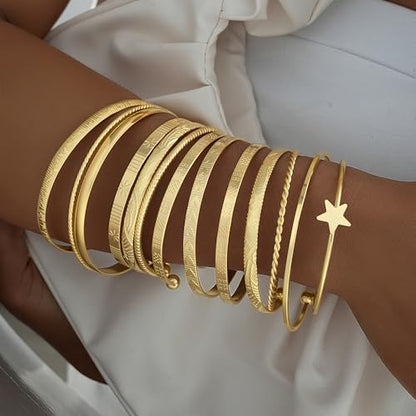 FAXHION Gold Bangle Bracelets for Women, 14 Pcs Multi Layer Stackable Bangle Set, 14K Gold Plated Textured Chunky Bracelets Boho Jewelrys Set - style: Gold B-13 pcs
