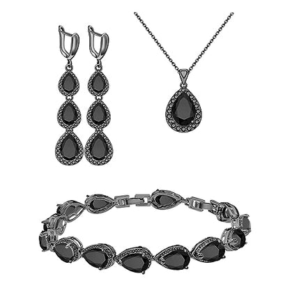LMXXVJ Necklace Long Earrings Bracelet Set, White Gold Plated Created Blue Sapphire Jewelry Set Wedding Party Gift Jewelry for Women Bridal Bridesmaid - color: Black Gun-Black