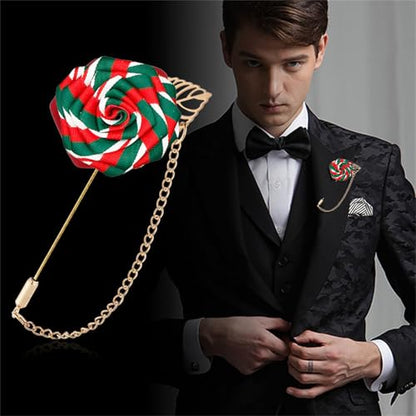 WCRAZYE Men Cloth Rose Flower with Gold Leaf Brooches Men's Satin Lapel Pins with Metal Chain Red Blue Rose Floral Lapel Stick Handmade Boutonniere Pins for Suit Wedding Brooch Career Suit Tuxedo of Shirts Tie Hat Scarf for Birthday Wedding Gift - color:
