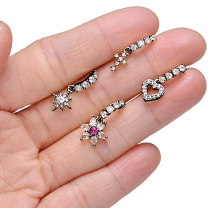 10Pcs Dangle Nose Rings Hoop Butterfly Heart Moon Flower Star CZ Cartilage Earring Dangling Nose Body Piercing Jewelry 20G Silver Rose Gold Black Tone - color: D:Black Tone