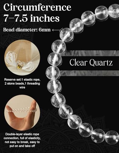 Natural Stone Beaded Bracelets for Men Women, 4mm 6mm 8mm | Healing Crystal, Protection Gemstone, Gift Packaging with Energy Card, Stretch Jewelry, Replacement Beads Included, 18 Stone - color: Clear Quartz(King of Crystals), size: 6mm