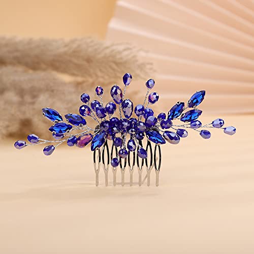 Teyglen Crystal Bride Wedding Hair Comb Bridal Blue Rhinestone Hair Pieces Hair Jewelry Simple Red Black Pink Headpieces for Bride Women Girls - color: Blue