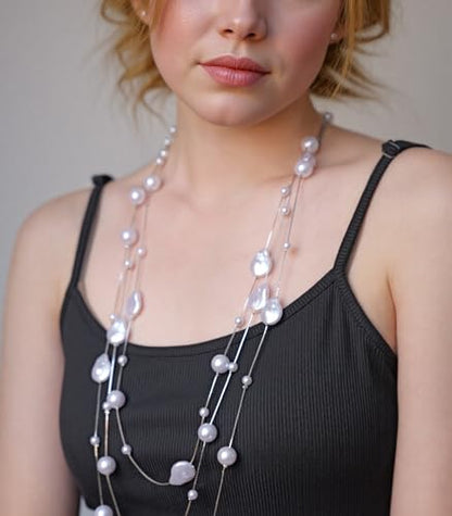 Errally Long Pearl Necklace and Earring Set Layered Pearl Beaded Necklaces for Women White Costume Jewelry Sets Gifts for Mom - color: Pear Shaped