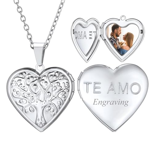 U7 Women Locket Necklace, Heart Photo Lockets Hold Picture, Gift Box Packed | Gold/Silver/Rose Locket Charm, Custom Picture and Engravement Heart Pendant, 20" Chain, Personalized Gift for Mom Wife Friend - color: 04# Stainless(Tree of Life)