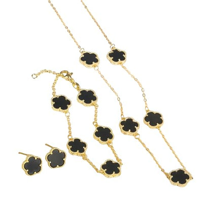 14K Gold-Filled Clover Necklace For Women - Classic Five-Leaf Flower Set Bracelet Necklace Earrings Jewelry Set, Five Leaf Clover Necklaces Dainty Lucky Clover Jewelry - color: Black - Clover Necklace