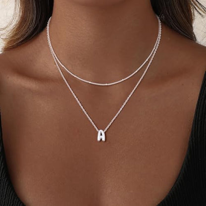 Thaivor Initial Necklaces for Women 14K Gold Plated Bubble Letter Necklace Layered Dainty Cute Choker Pendant Stack Jewelry Fashion Accessories Teen Trendy Gift - color: Silver, style: B