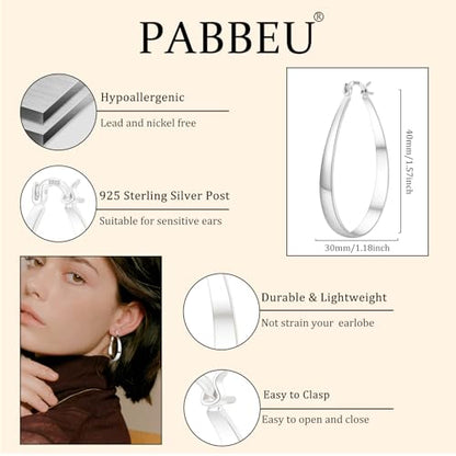 PABBEU Sterling Silver Hoop Earrings for Women, Lightweight Large Oval Hoops Earrings, Hypoallergenic Silver Hoop Earring for Women Gifts 30/40/50/60MM - color: silver 30*40mm/ 1.18*1.57in