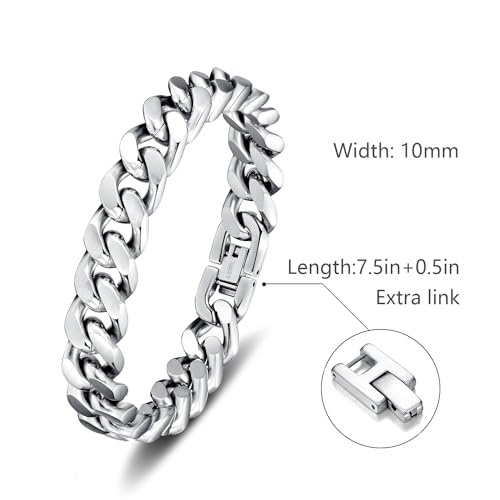Mens Bracelet-Stainless Steel Fold Over Clasp Cuban Chain-Bracelets for Men - color: E-Silver