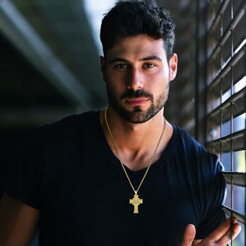 Celtic Cross Necklace For Men ，18K Gold Plated Celtic Cross Celtic Amulet Necklace Protection Jewelry Religious Gifts with 2.5mm 22"+2" Adjustable Rolo Chain - style: style3