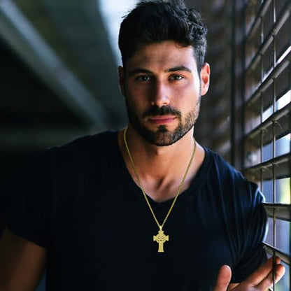 Celtic Cross Necklace For Men ，18K Gold Plated Celtic Cross Celtic Amulet Necklace Protection Jewelry Religious Gifts with 2.5mm 22"+2" Adjustable Rolo Chain - style: style3