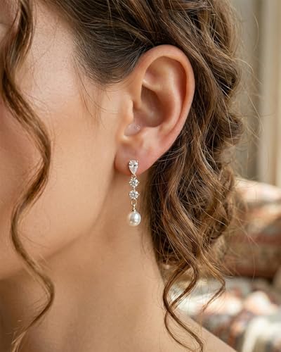 Pearl Earrings - 14K Gold/White Gold/Rose Gold Plated Cubic Zirconia CZ Diaomond Accented Pearl Drop Dangle Earrings for Women Wedding Bridal Prom - color: Gold 3pcs cz