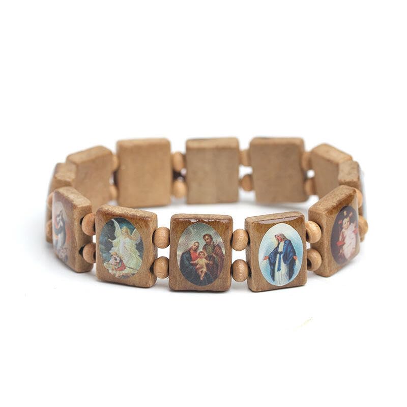 DATOA 4Pcs Wooden Jesus Virgin Mary Bracelet Saints Rosary Stretch Wooden Small Panel Bracelet Religious Saints Jesus Gift - style: Style C