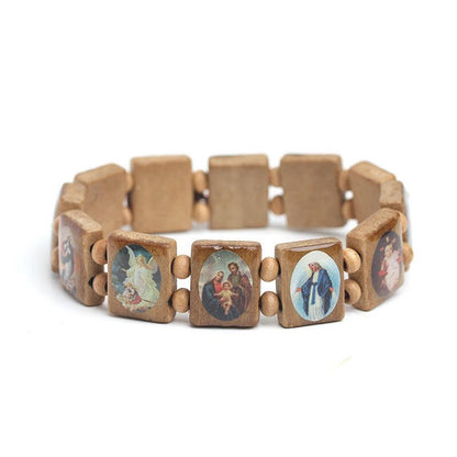 DATOA 4Pcs Wooden Jesus Virgin Mary Bracelet Saints Rosary Stretch Wooden Small Panel Bracelet Religious Saints Jesus Gift - style: Style C