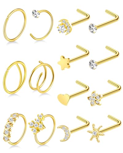 27-60 Pcs Nose Rings for Women Nose Piercing Jewelry Silver Nose Rings Studs 20G Surgical Nose Rings Hoops Nose Rings L Shaped Studs Screw Stainless Steel Nose Piercings for Women Men - color: gold-20G-14 pcs