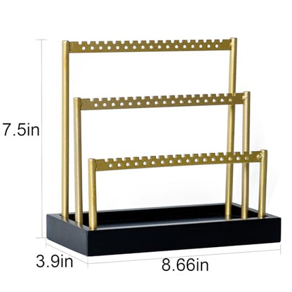 SANY DAYO HOME 3-Tier Earring Holder Organizer Stand, 105 Holes Gold Metal Earring Rack Jewelry Display Tree with Black Wood Tray for Women and Girls - color: Gold Rack Black Base