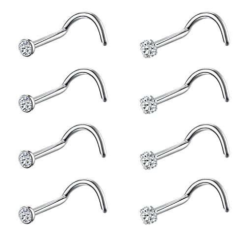 8PCS G23 Titanium Twist Screw Nose Studs 18G 20G Nose Rings 2mm 2.5mm 3mm Clear Pink Purple Aurora CZ Gold Nose Piercing Studs Nostril for Women Men - style: 20g silver clear cz 2mm