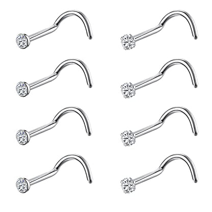8PCS G23 Titanium Twist Screw Nose Studs 18G 20G Nose Rings 2mm 2.5mm 3mm Clear Pink Purple Aurora CZ Gold Nose Piercing Studs Nostril for Women Men - style: 20g silver clear cz 2mm