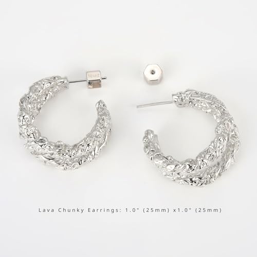 RENAIZ Bold Statement Hoop & Stud Earrings for Women – 14K Gold & Rhodium Plated Maximalist Jewelry, Chunky Geometric Boho Earrings, Hypoallergenic Non-Tarnish Trendy Gift - color: White Gold, style: Lava Chunky