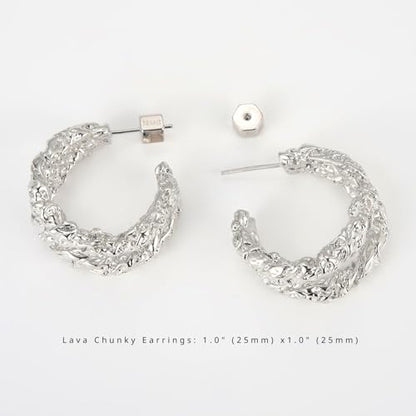 RENAIZ Bold Statement Hoop & Stud Earrings for Women – 14K Gold & Rhodium Plated Maximalist Jewelry, Chunky Geometric Boho Earrings, Hypoallergenic Non-Tarnish Trendy Gift - color: White Gold, style: Lava Chunky