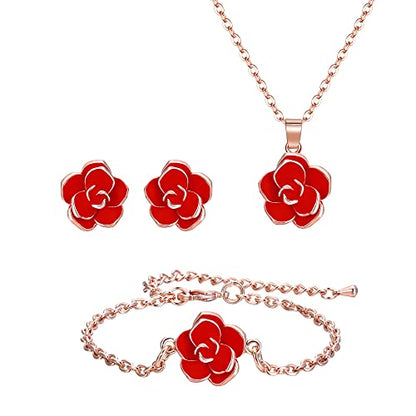 EleQueen Rose Flower Necklace Earrings Bracelet Set for Women - color: 04_Red Necklace+Earrings+Bracelet