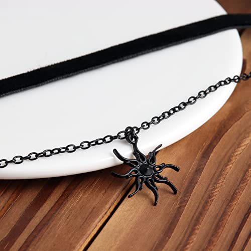 Gothic Layered Necklace, Black Velvet Choker with Dark Pendant | Soft Velvet Choker, Black Pendant, Layered Chain, Dark Academia Aesthetic, Alt Fashin Jewelry, Goth Gift for Women - style: Black Sun