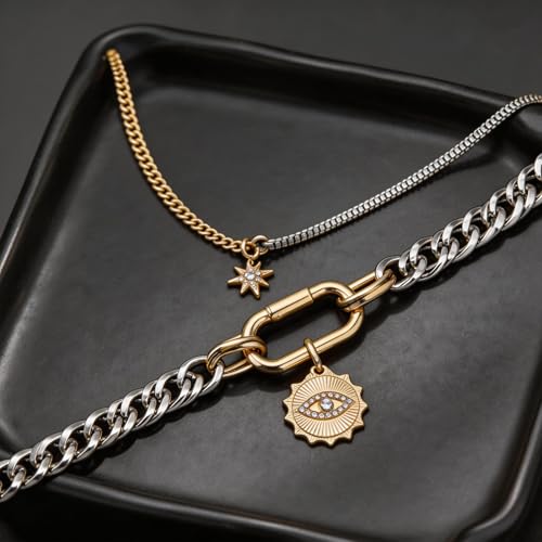 Mixed Metal Stack for Women, Multi Layered Two Tone Gold and Silver Coin Pendant Paperclip Stacked Necklace with Star and Celestial Charms, Chunky Trendy Statement Jewelry Gifts - color: Silver