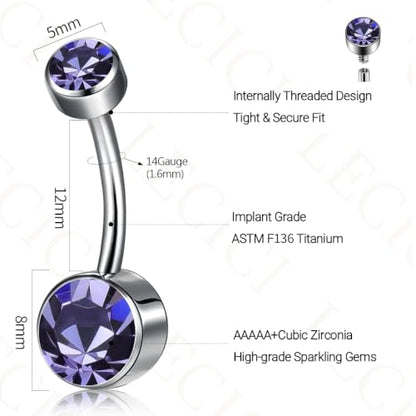 Titanium Floating Belly Button Rings 14G, ASTM F136 Implant-Grade Curved Barbell, Internal Thread with 6mm Teardrop Gems, Sparkle Navel Piercing Jewelry, 10mm/12mm Length - color: Silver-Violet, size: 1/2"(12mm)