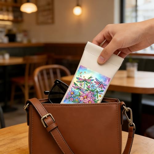Diamond Art Painting Eye Glass Bag PU Sunglasses Glasses Storage Bag Built-in Glasses Cloth Press Automatic Closure - color: Dragonfly