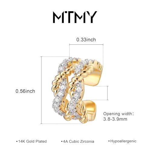 Gold Ear Cuff Earring for Women 14K Gold Plated Cubic Zirconia Non-Pierced Clip on Cartilage Chunky Ear Cuffs Hypoallergenic Jewelry - style: 2rope / pair