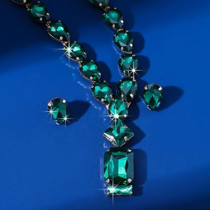 Fashion Colorful Green Silver Bridal Teardrop Crystal Necklace Earrings Set Square Necklace Pendant Crystal Wedding Jewelry for Women Exaggeration Halloween Choker Necklace Earrings Set for Women - color: Green